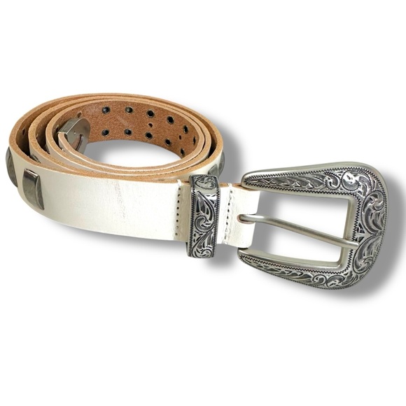 Urban Outfitters Western Bohemian Leather Studded Belt Off White Silver Medium - Picture 6 of 16